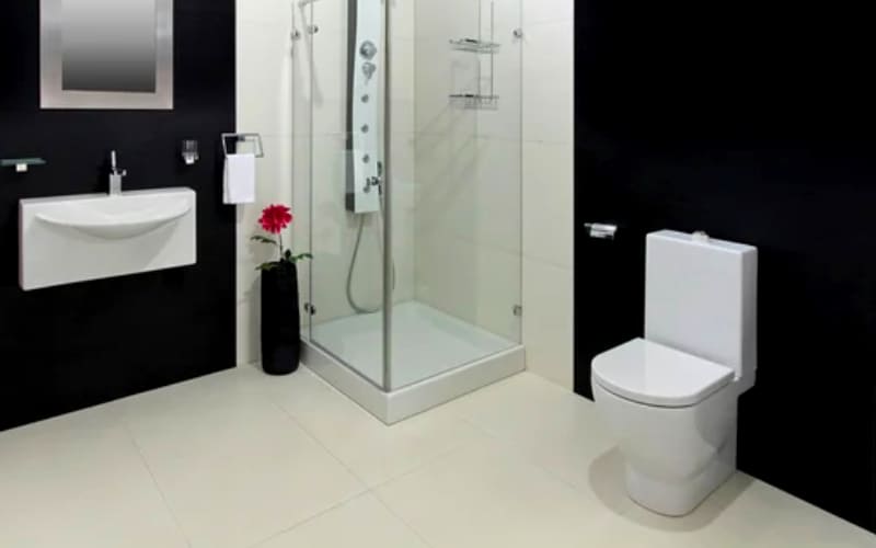 lát gạch nhà vệ sinh kết hợp gạch ốp màu đen, gạch lát nền màu trắng