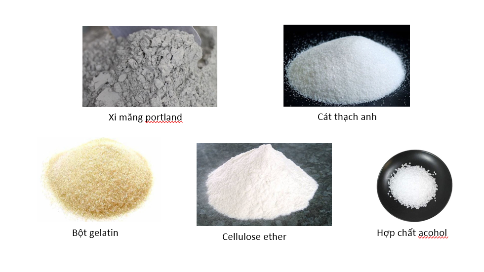 Công thức sản xuất làm keo dán gạch với các thành phần nguyên liệu: xi măng portland, cát thạch anh, bột gelatin, cellulose ether, acohol