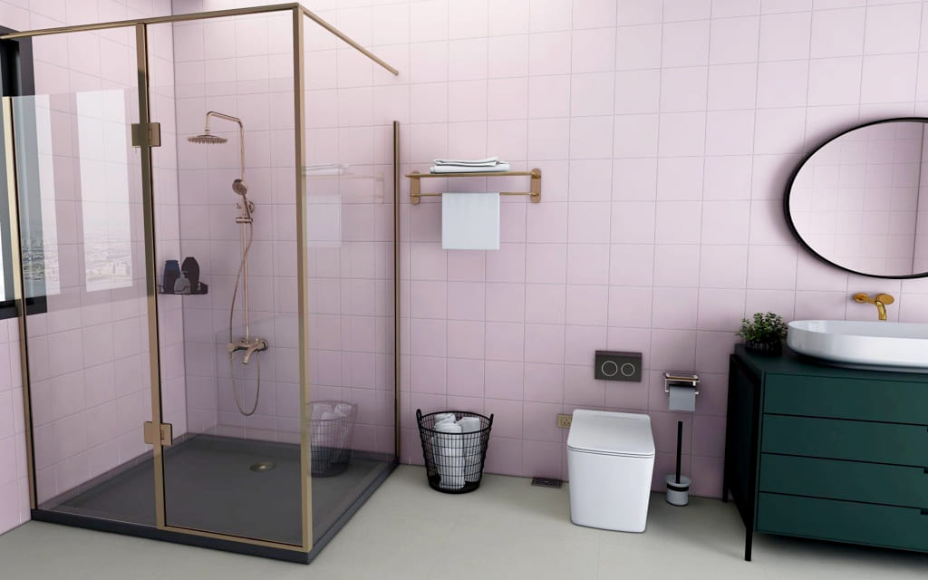 Nhà vệ sinh ốp gạch tường màu hồng nhạt hình vuông -GOT-0024
