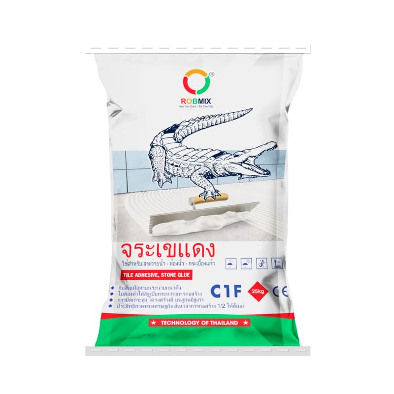 Sản phẩm keo dán gạch Robmix C1F bao bì con cá sấu, chữ Thái Lan