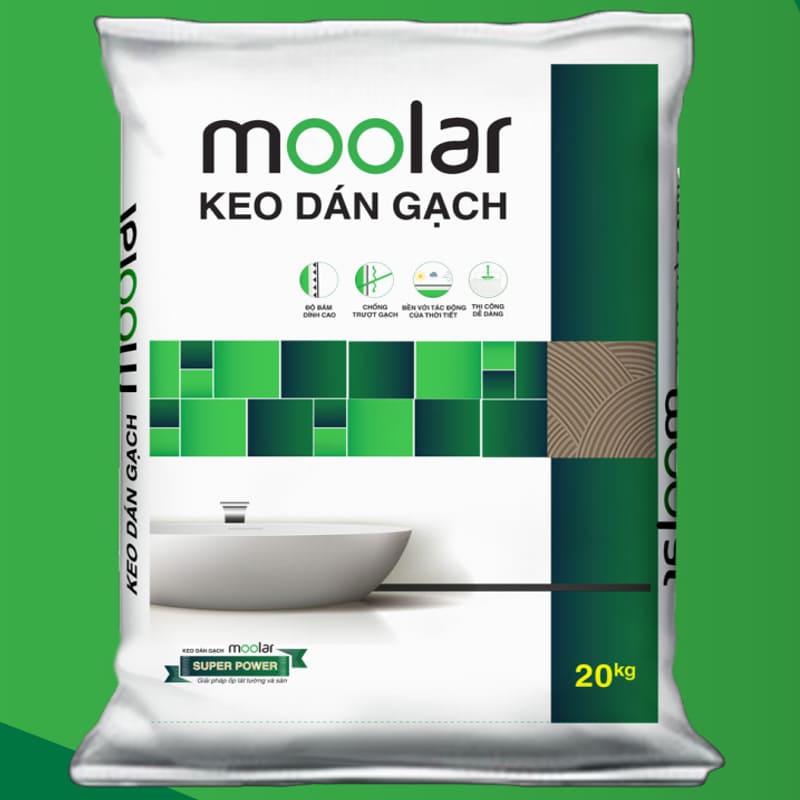 Keo dán gạch Moolar đóng bao tiêu chuẩn 20kg. Sản phẩm do Công ty Bửu Long sản xuất