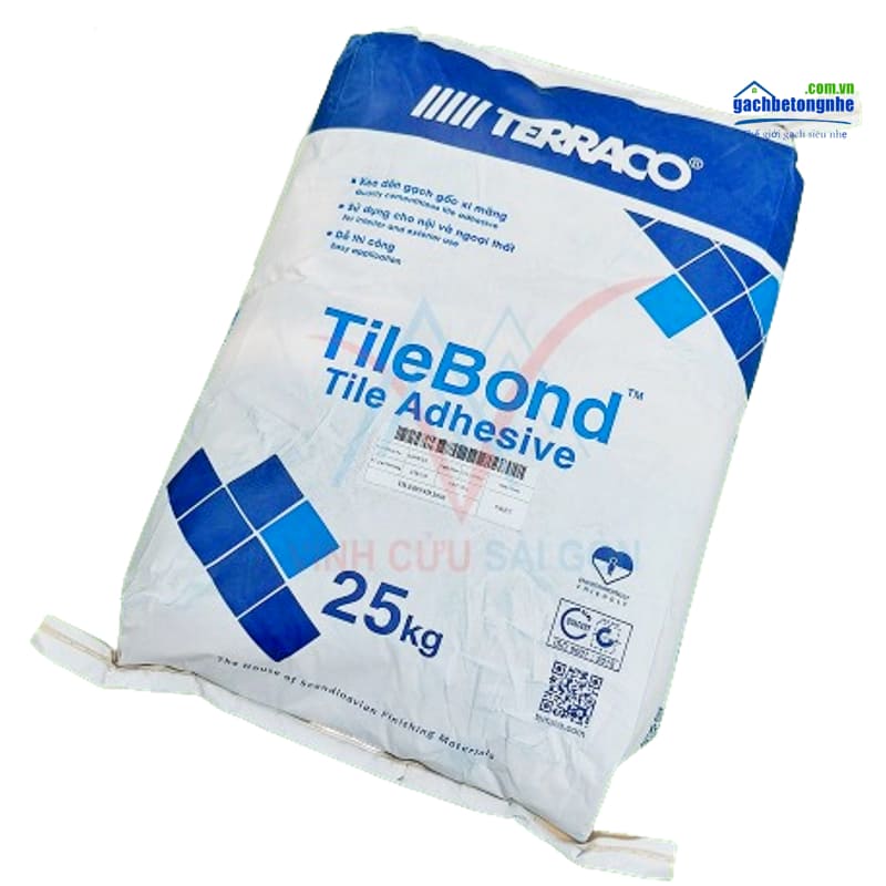 Sản phẩm keo Terraco TileBond bao 25kg gồm hai màu xám và trắng